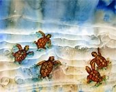 watercolor painting of sea turtles returning to ocean